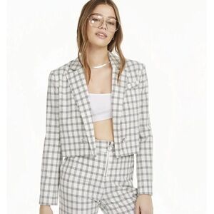 *NWT* Danielle Bernstein Cropped Open-Front Blazer Ivory Black Houndstooth Print